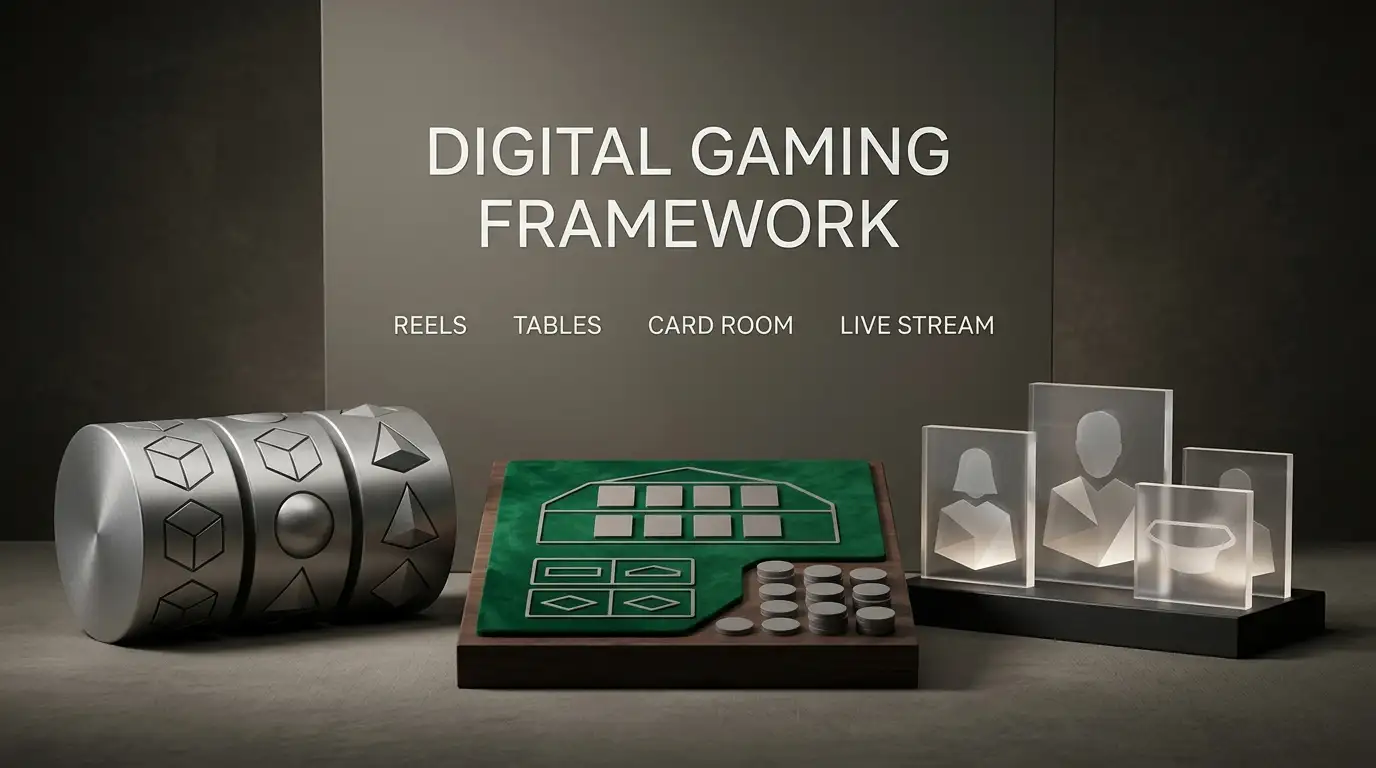 Abstract screen tiles representing slots, live tables and card games