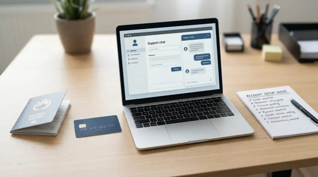 Identity document, payment card and support chat window arranged beside an account checklist