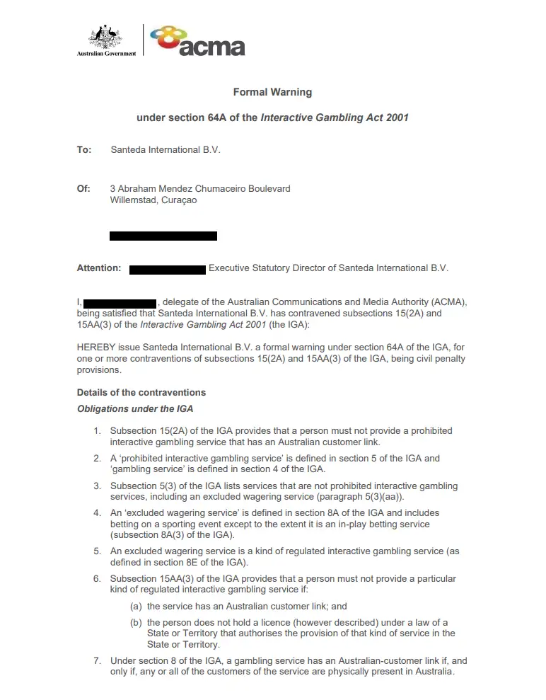 ACMA formal warning document naming Santeda International B.V. and Golden Bet