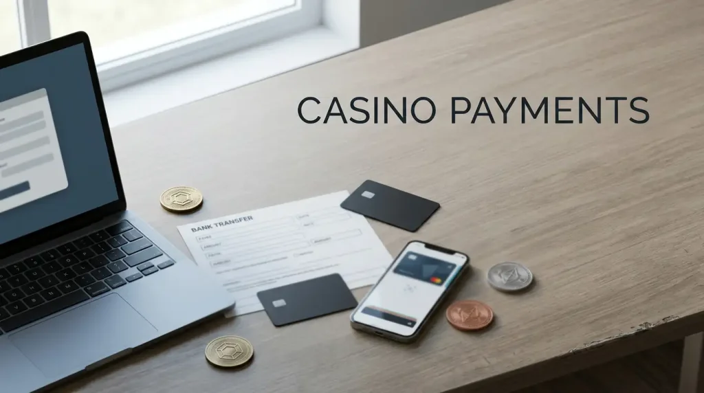 Payment card, bank transfer form and cryptocurrency tokens arranged beside a laptop