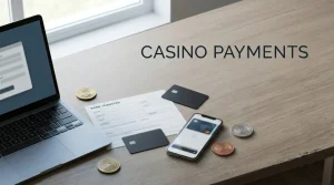 Payment card, bank transfer form and cryptocurrency tokens arranged beside a laptop