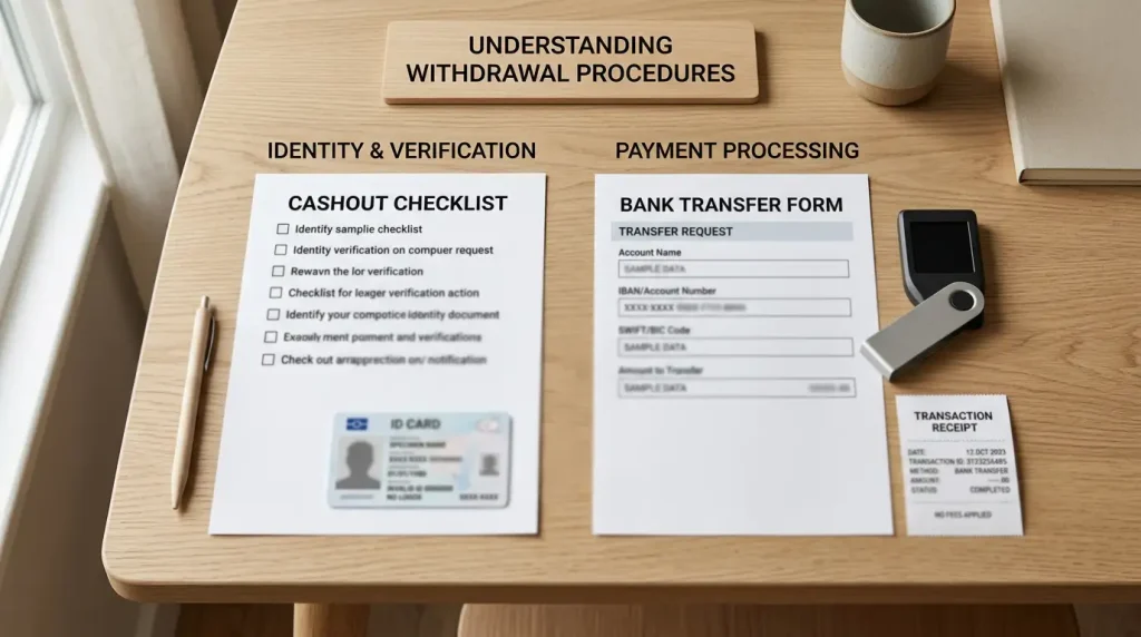 Withdrawal checklist beside a bank transfer form, digital wallet and identity document