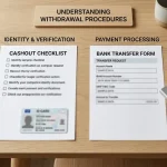 Withdrawal checklist beside a bank transfer form, digital wallet and identity document