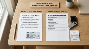 Withdrawal checklist beside a bank transfer form, digital wallet and identity document